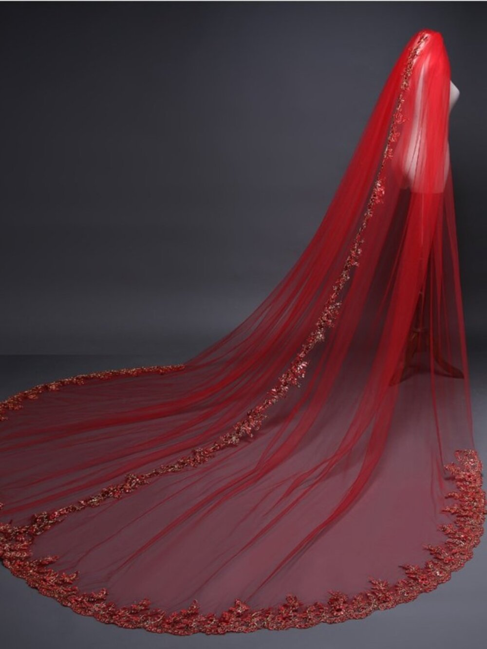 118" Red Cathedral Length Bridal Veil Sequined Lace
